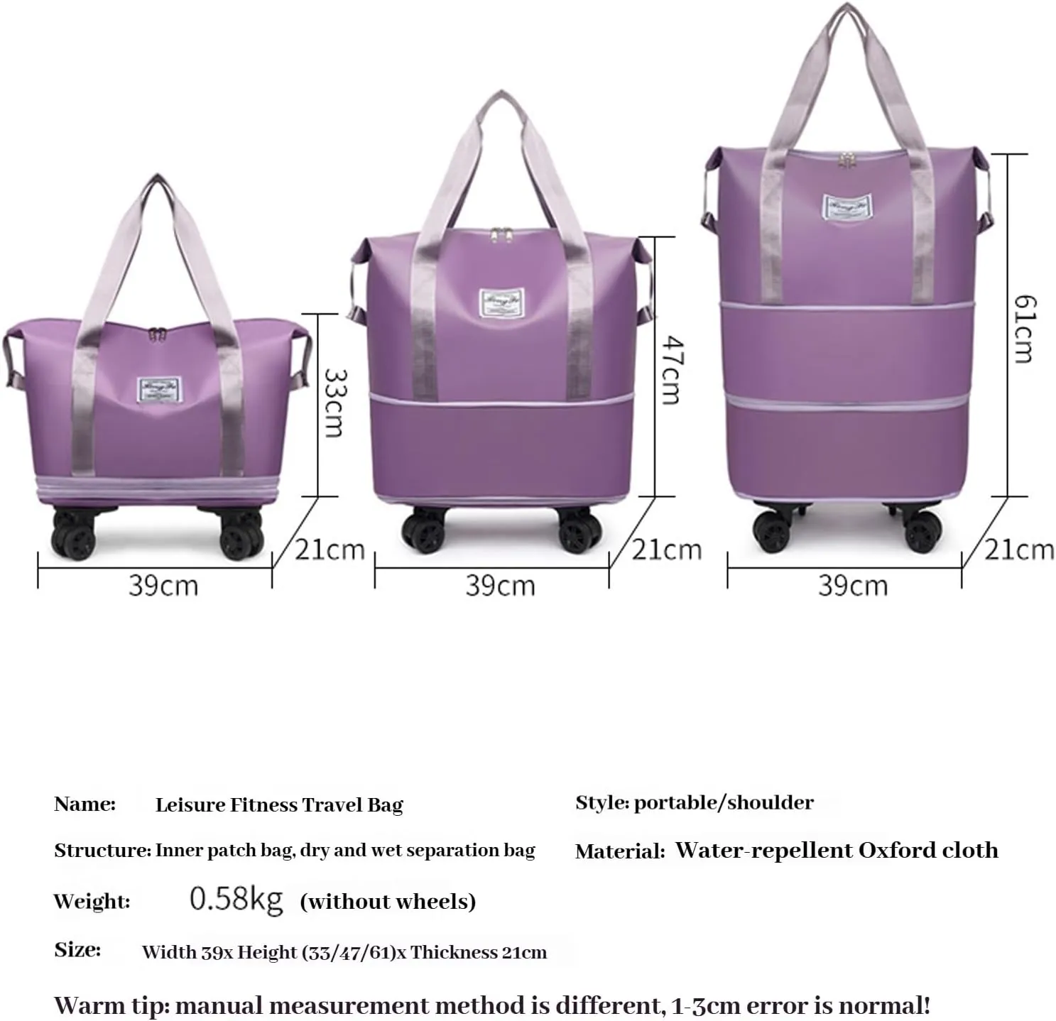 Kulken Beente Travel Bag With Wheels 2025 New Large Capacity Travel Bag Universal Wheel Removable (Rose)