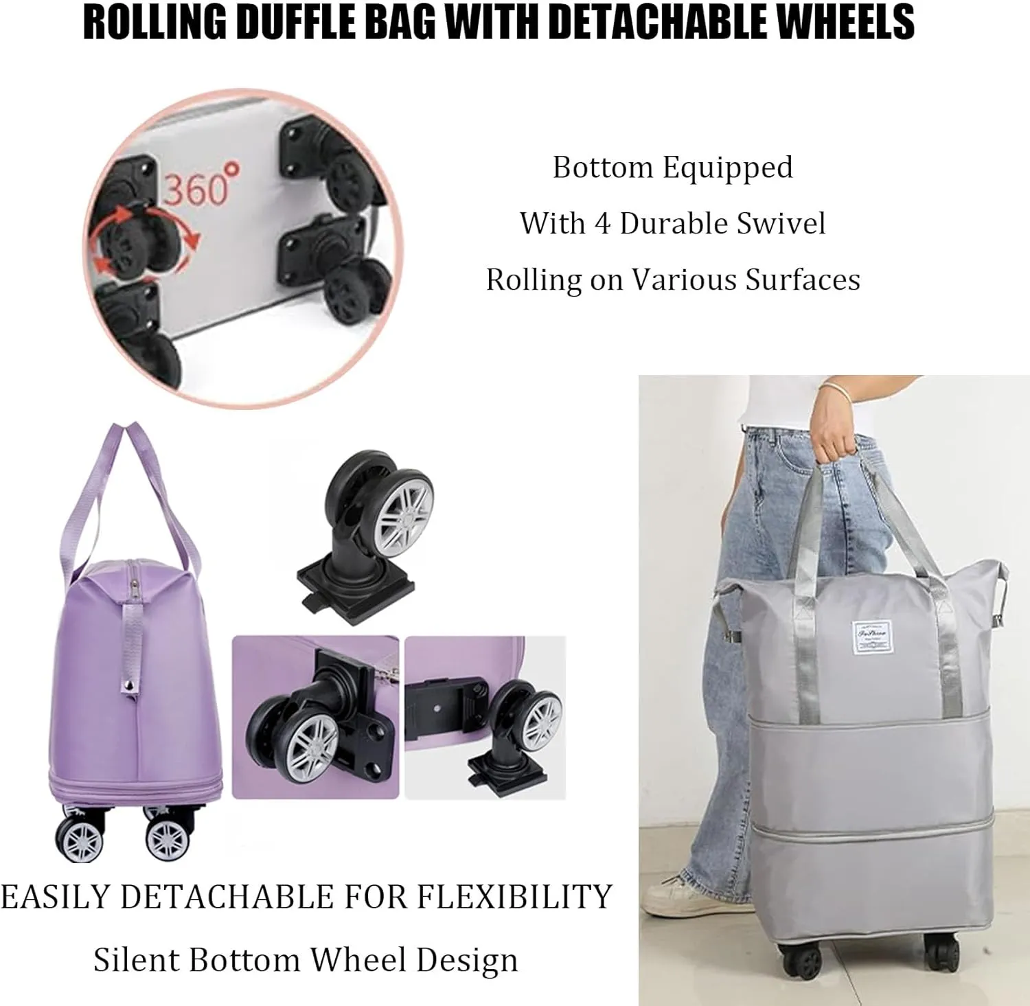 Kulken Travel Bag with Wheels, Kulken Travel Bag with Removable Wheels, Large Capacity Travel Bags Universal Wheel (Black)
