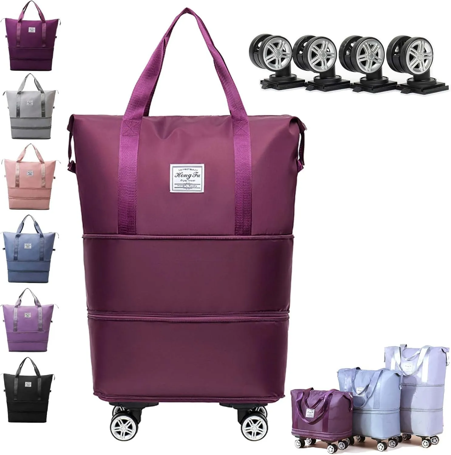 Kulken Travel Bag with Wheels, Kulken Travel Bag with Removable Wheels, Large Capacity Travel Bags Universal Wheel (Dark Purple)