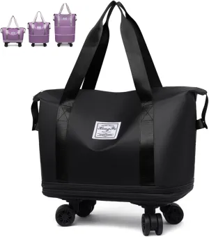 Kulken Travel Bag with Wheels, Large Capacity Foldable Expandable Rolling Duffle Bag, Removable 360 Spinner Wheels Carry On Luggage (Black)