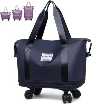 Kulken Travel Bag with Wheels, Large Capacity Foldable Expandable Rolling Duffle Bag, Removable 360 Spinner Wheels Carry On Luggage (Dark Blue)