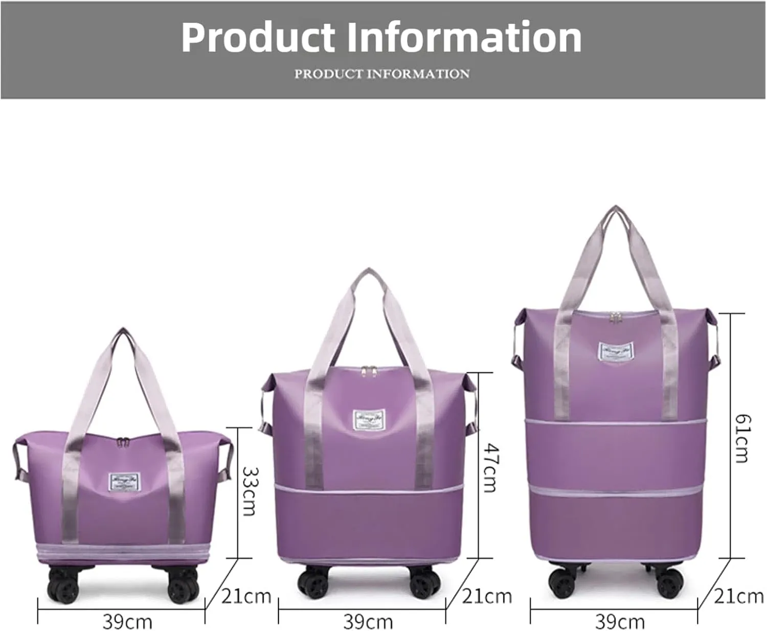 Kulken Travel Bag with Wheels, Large Capacity Foldable Expandable Rolling Duffle Bag, Removable 360 Spinner Wheels Carry On Luggage (Light Purple)