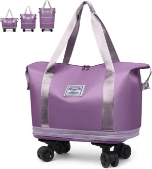 Kulken Travel Bag with Wheels, Large Capacity Foldable Expandable Rolling Duffle Bag, Removable 360 Spinner Wheels Carry On Luggage (Light Purple)