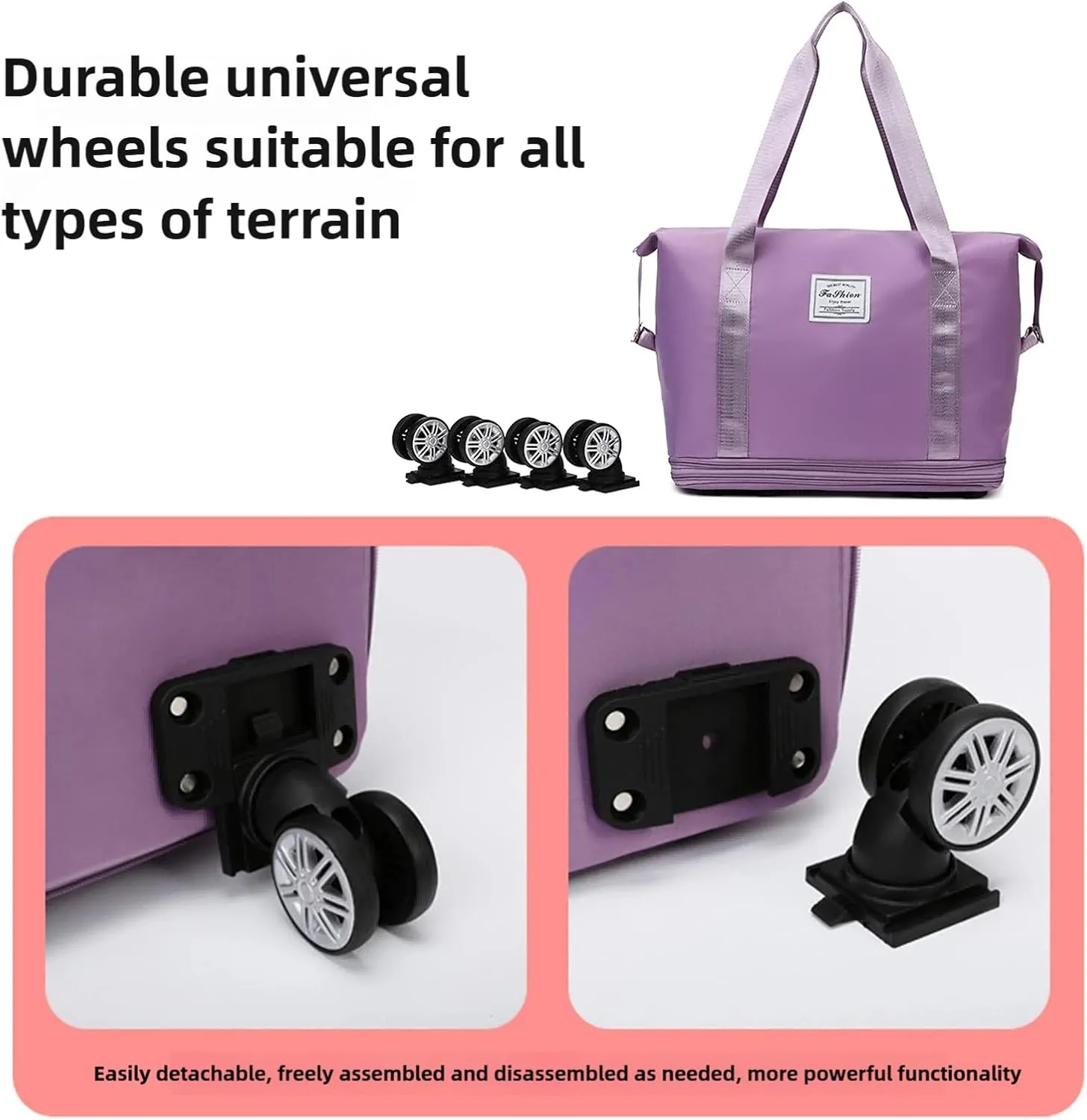 Kulken Travel Bag with Wheels, Large Capacity Foldable Expandable Rolling Duffle Bag, Removable 360 Spinner Wheels Carry On Luggage (Light Purple)