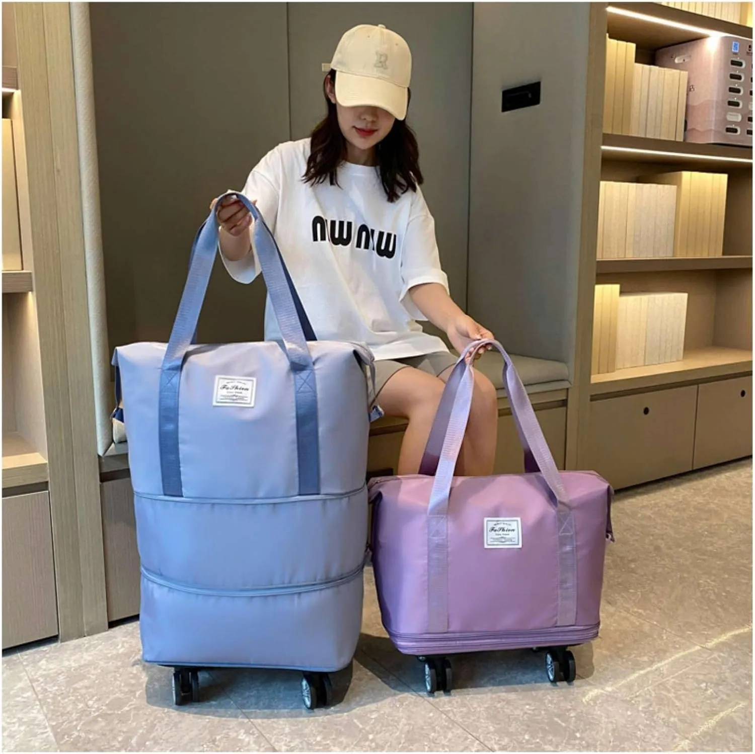 Kulken Travel Bag with Wheels, Large Capacity Foldable Expandable Rolling Duffle Bag, Removable 360 Spinner Wheels Carry On Luggage (Light Purple)