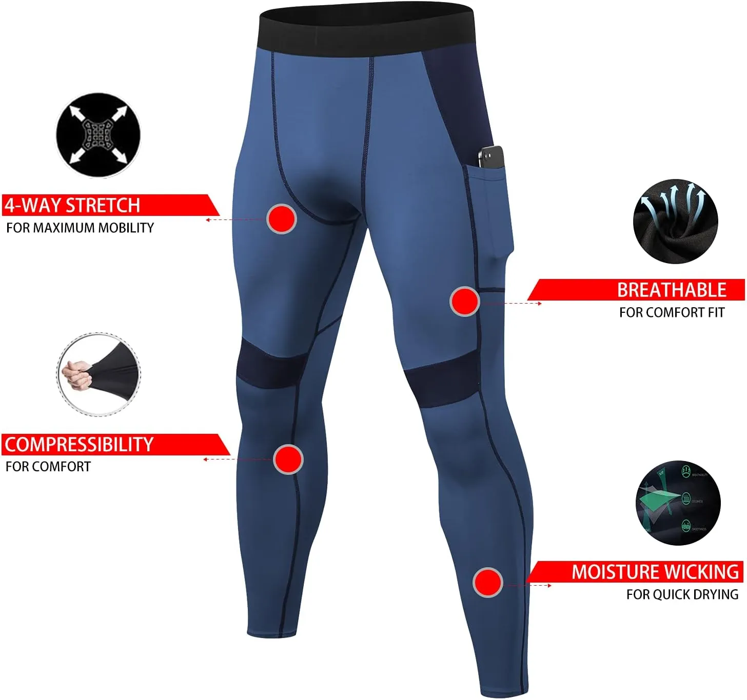 LANBAOSI Mens Compression Pants with Pockets Workout Leggings Running Tights Cool Dry Athletic Sports Gym Baselayer 2 Pack