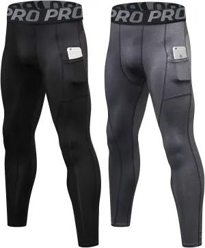 LANBAOSI Mens Compression Pants with Pockets Workout Leggings Running Tights Cool Dry Athletic Sports Gym Baselayer 2 Pack