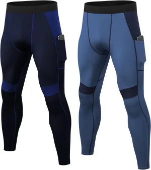 LANBAOSI Mens Compression Pants with Pockets Workout Leggings Running Tights Cool Dry Athletic Sports Gym Baselayer 2 Pack