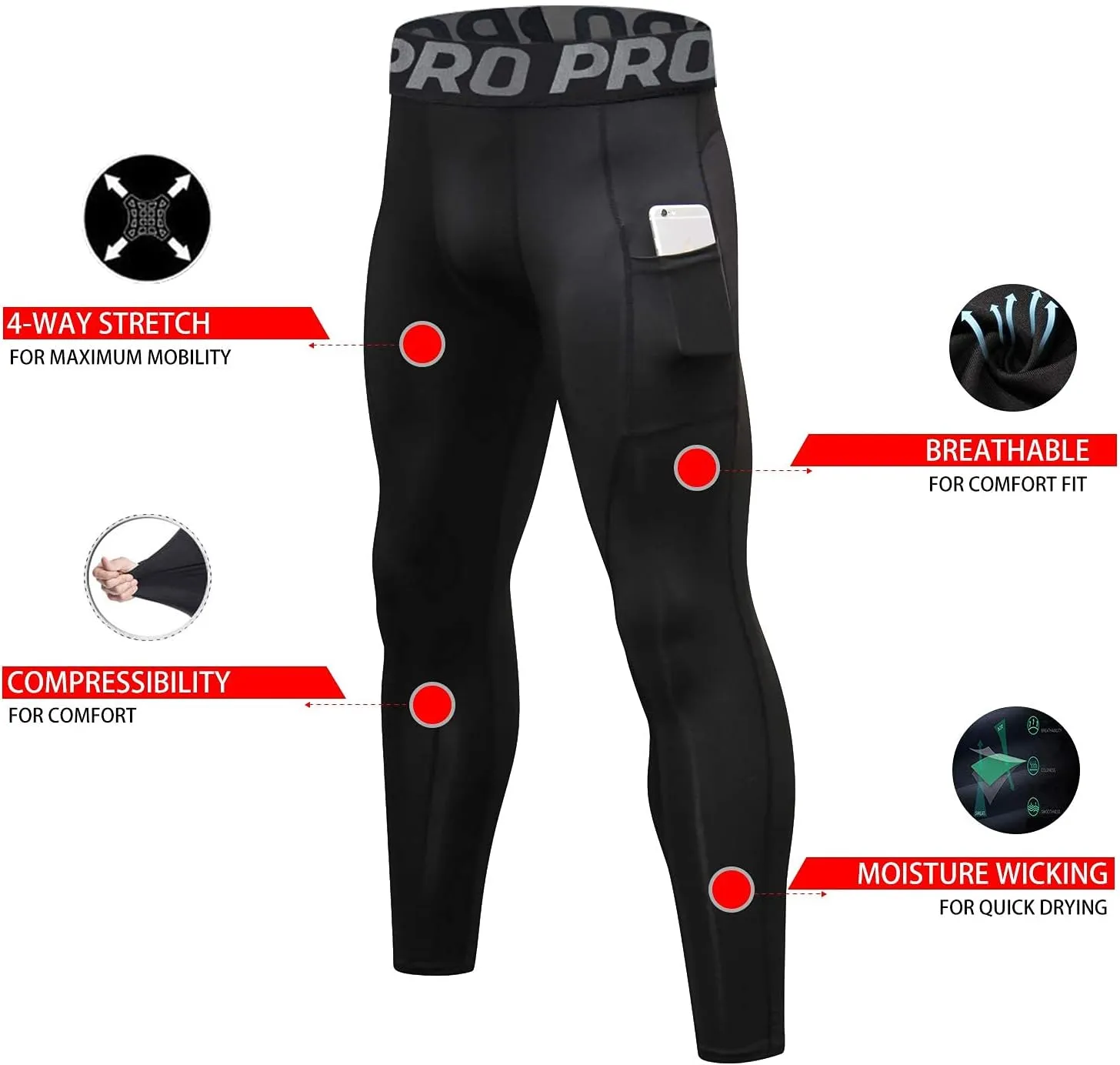 LANBAOSI Mens Compression Pants with Pockets Workout Leggings Running Tights Cool Dry Athletic Sports Gym Baselayer 2 Pack