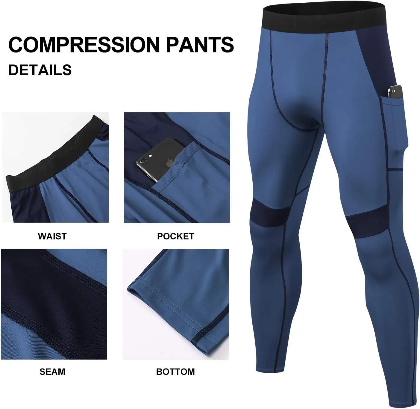 LANBAOSI Mens Compression Pants with Pockets Workout Leggings Running Tights Cool Dry Athletic Sports Gym Baselayer 2 Pack