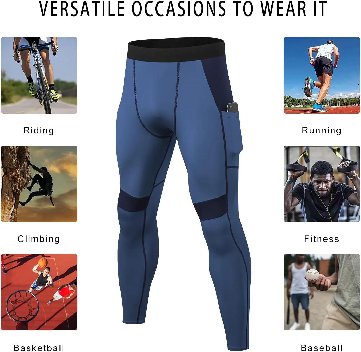 LANBAOSI Mens Compression Pants with Pockets Workout Leggings Running Tights Cool Dry Athletic Sports Gym Baselayer 2 Pack