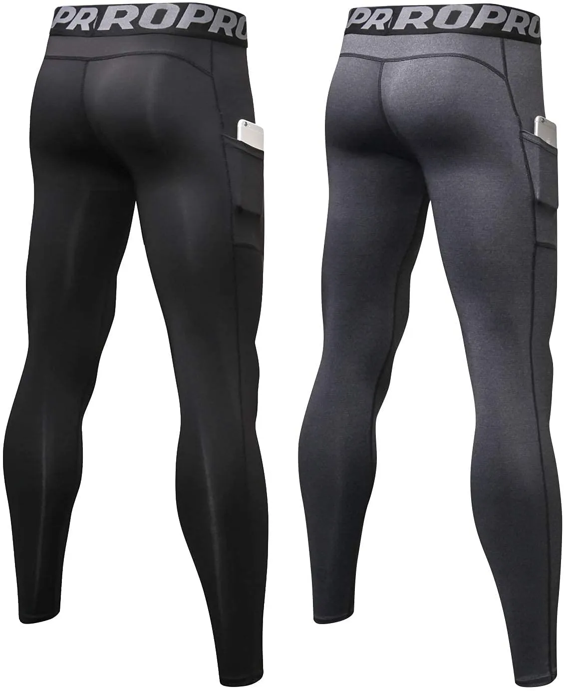 LANBAOSI Mens Compression Pants with Pockets Workout Leggings Running Tights Cool Dry Athletic Sports Gym Baselayer 2 Pack