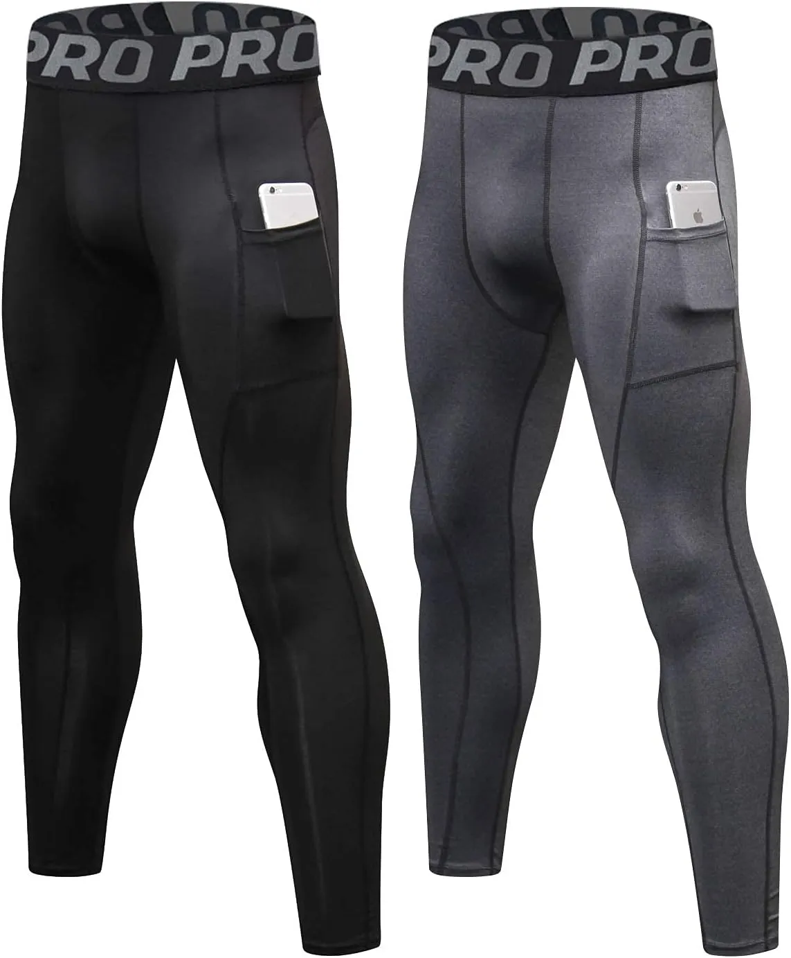 LANBAOSI Mens Compression Pants with Pockets Workout Leggings Running Tights Cool Dry Athletic Sports Gym Baselayer 2 Pack