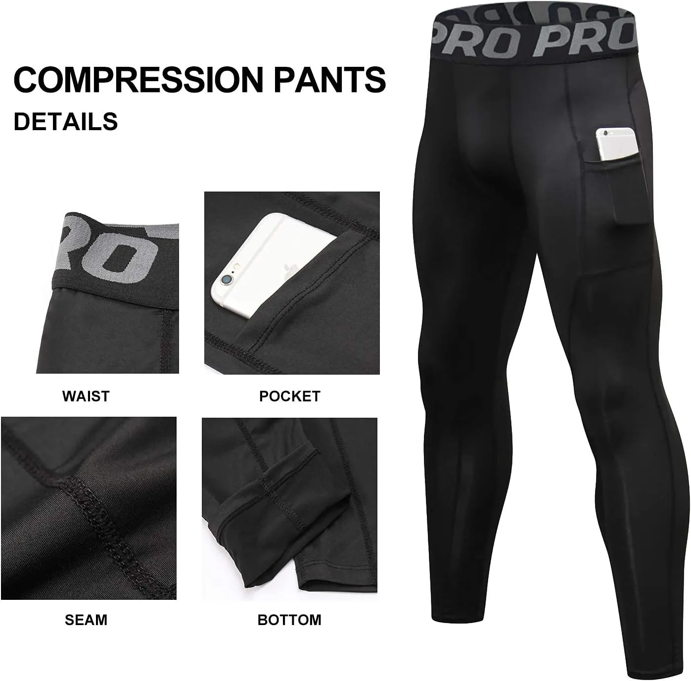 LANBAOSI Mens Compression Pants with Pockets Workout Leggings Running Tights Cool Dry Athletic Sports Gym Baselayer 2 Pack