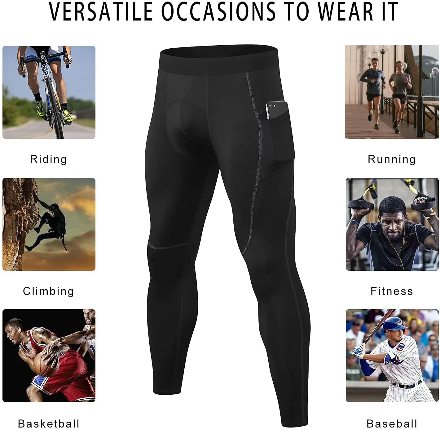 LANBAOSI Mens Compression Pants with Pockets Workout Leggings Running Tights Cool Dry Athletic Sports Gym Baselayer 2 Pack