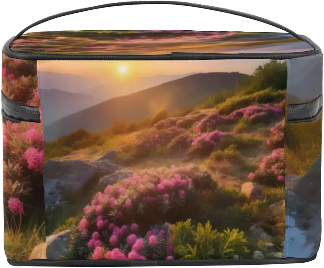 Landscape Sun Shape Makeup Bag Large Opening Cosmetic Bag Portable Makeup Case Organizer Toiletry Bags for Women Daily Traveling With Handle Grids Smooth Zipper Divider Makeup Pouch