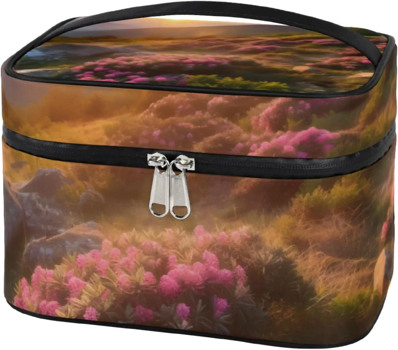 Landscape Sun Shape Makeup Bag Large Opening Cosmetic Bag Portable Makeup Case Organizer Toiletry Bags for Women Daily Traveling With Handle Grids Smooth Zipper Divider Makeup Pouch