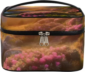 Landscape Sun Shape Makeup Bag Large Opening Cosmetic Bag Portable Makeup Case Organizer Toiletry Bags for Women Daily Traveling With Handle Grids Smooth Zipper Divider Makeup Pouch