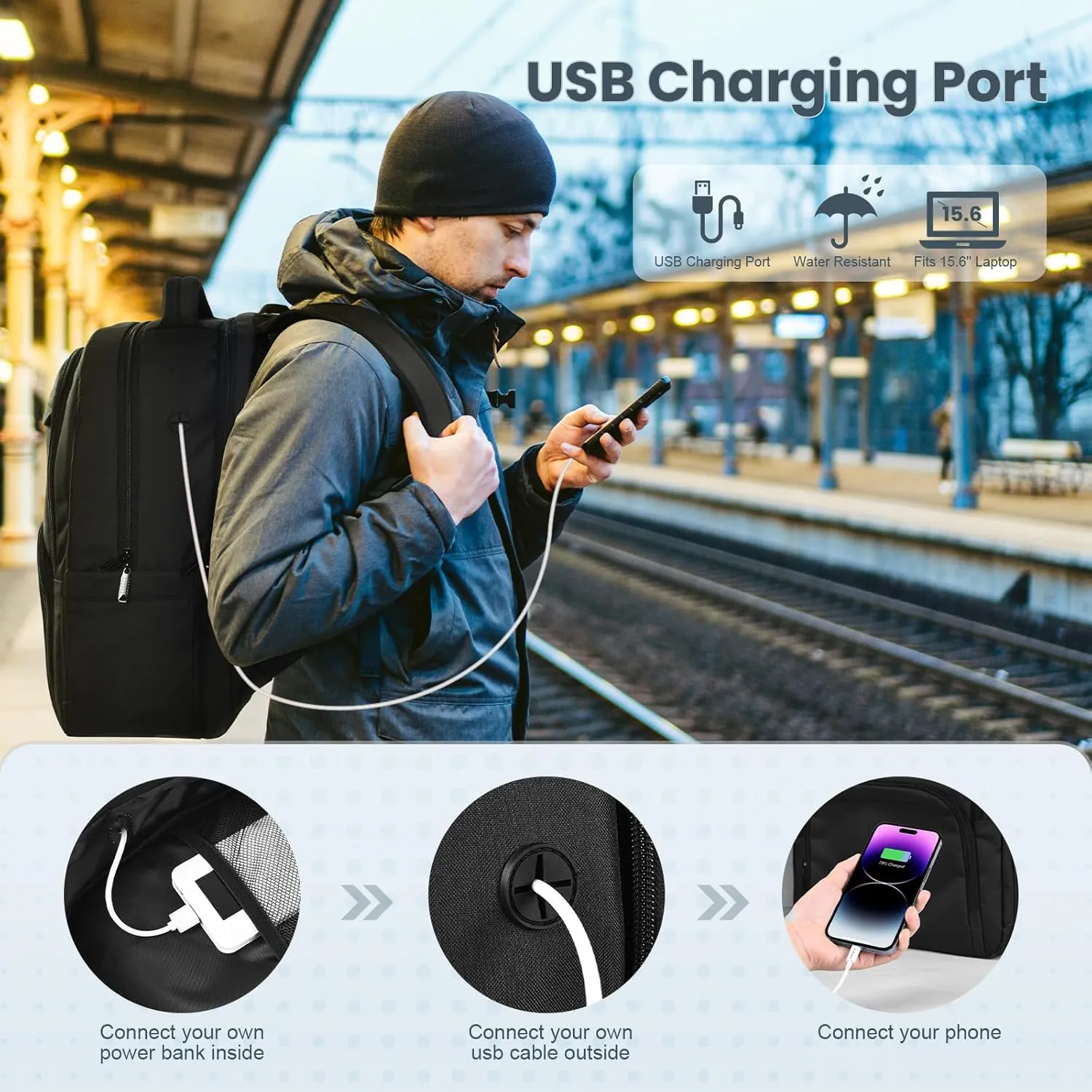 Laptop Backpack, Travel Backpacks for Men Women, Business Anti Theft Computer Backpack with USB Charging Port, Water Resistant School Book Bag Work Backpack Bookbag Fits 15.6 Inch Notebook, Black