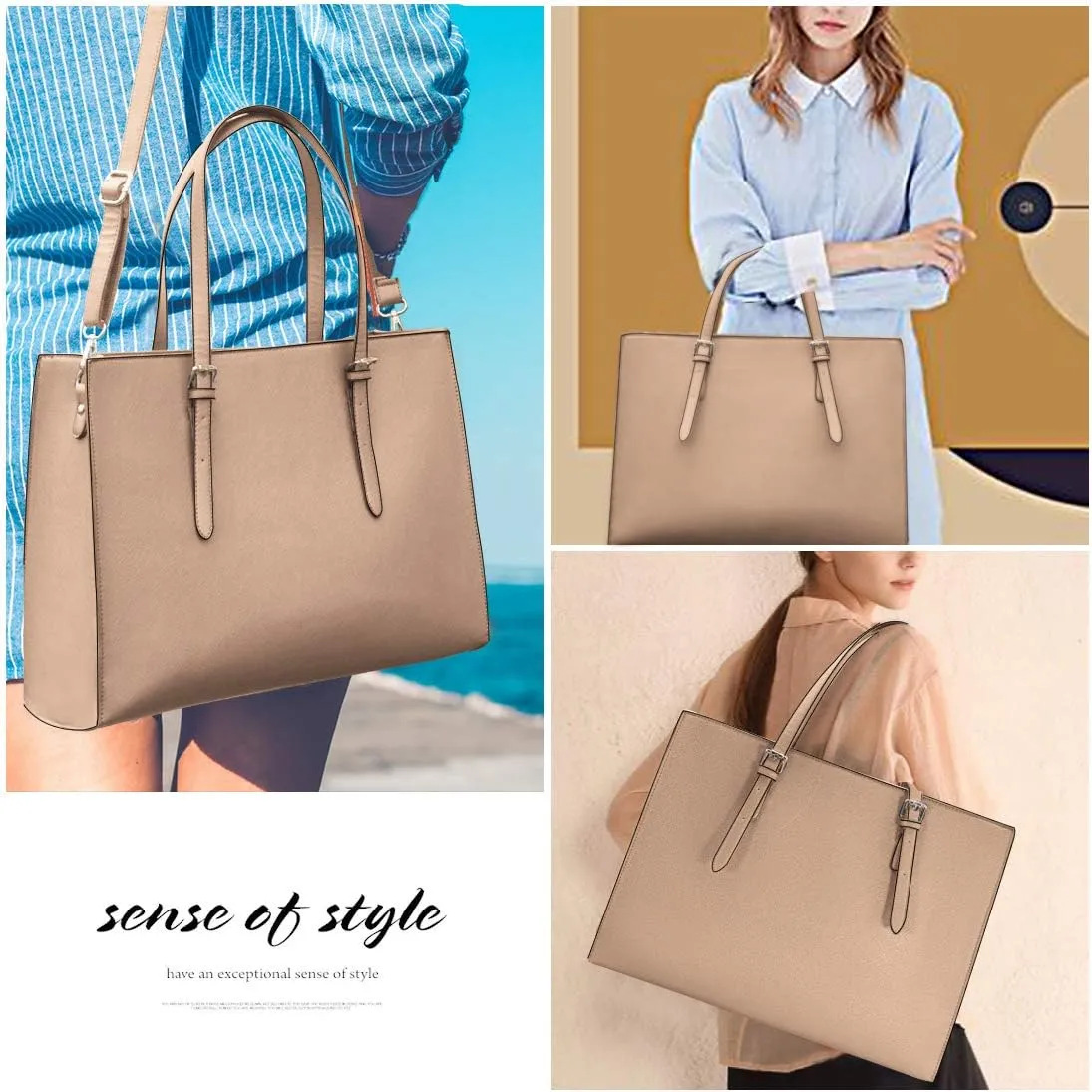 Laptop Bag for Women Waterproof Lightweight Leather 15.6 Inch Computer Tote Bag Business Office Briefcase Large Capacity Handbag Shoulder Bag Professional Office Work Bag Khaki