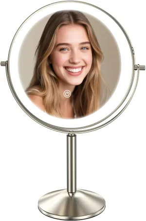 Large 9in Professional Lighted Makeup Mirror Height Adjustable, Rechargeable 2-sided 1x/10x HD Brighter Light- Higher CRI 88 Surgical-grade LEDs, 3 Colors & Brightness Adjustable, 360° Swivel (Nickel)