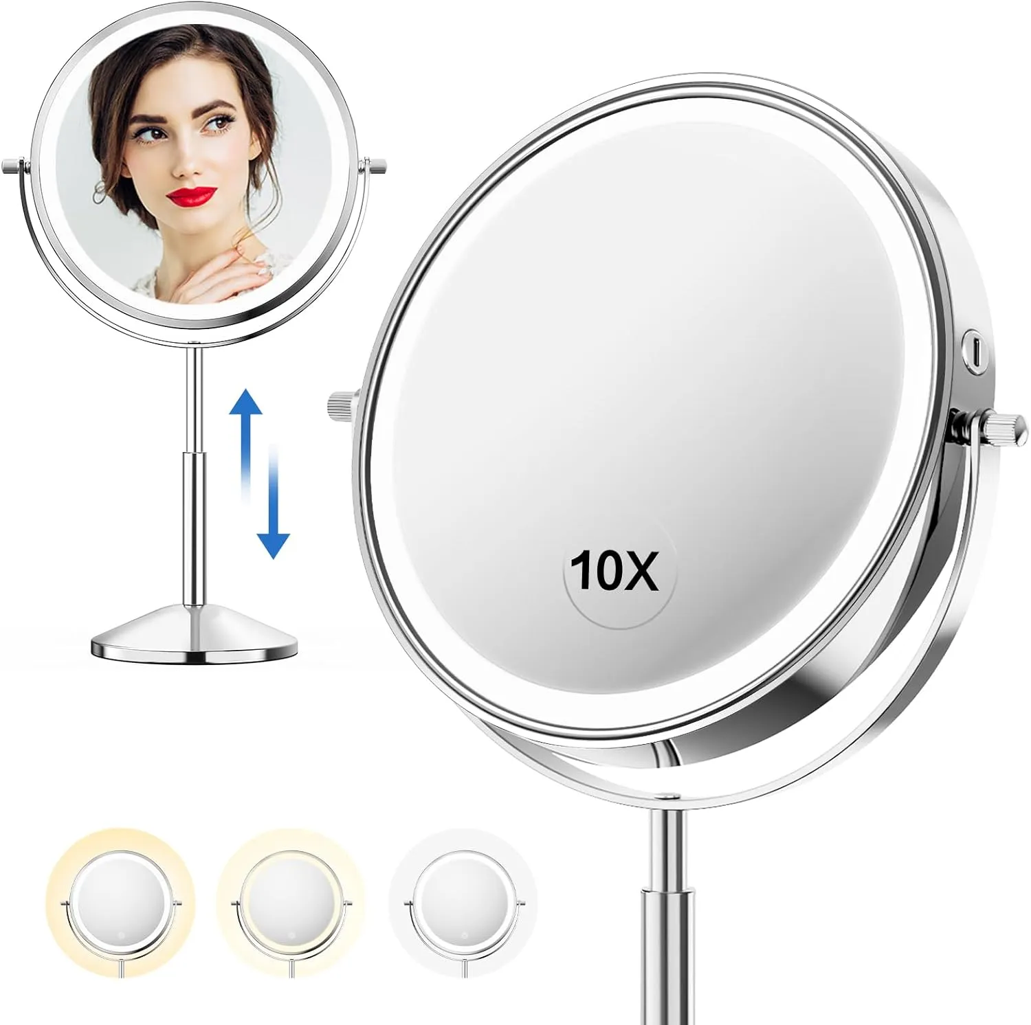 Large 9in Professional Lighted Makeup Mirror Height Adjustable, Rechargeable 2-sided 1x/10x HD Brighter Light - Higher CRI 88 Surgical-grade LEDs, 3 Colors & Brightness Adjustable, 360° Swivel(Chrome)