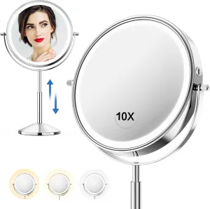 Large 9in Professional Lighted Makeup Mirror Height Adjustable, Rechargeable 2-sided 1x/10x HD Brighter Light - Higher CRI 88 Surgical-grade LEDs, 3 Colors & Brightness Adjustable, 360° Swivel(Chrome)