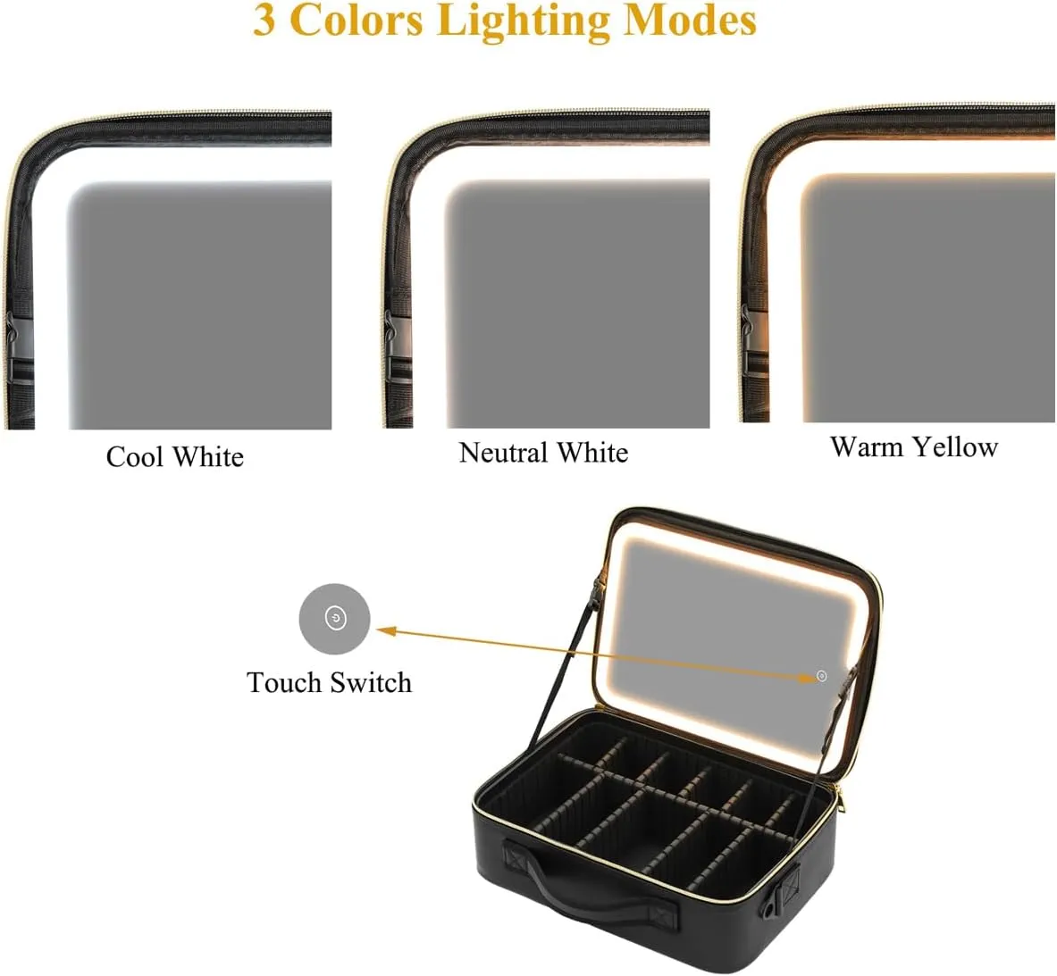 Large Capacity PU Cosmetics Train Case with LED Lighted Mirror Rechargeable 3 Color Lights Portable Makeup Artist Organizer with Adjustable Dividers and Shoulder Strap (Diamond)