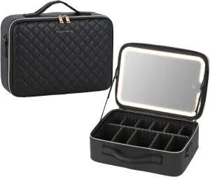 Large Capacity PU Cosmetics Train Case with LED Lighted Mirror Rechargeable 3 Color Lights Portable Makeup Artist Organizer with Adjustable Dividers and Shoulder Strap (Diamond)