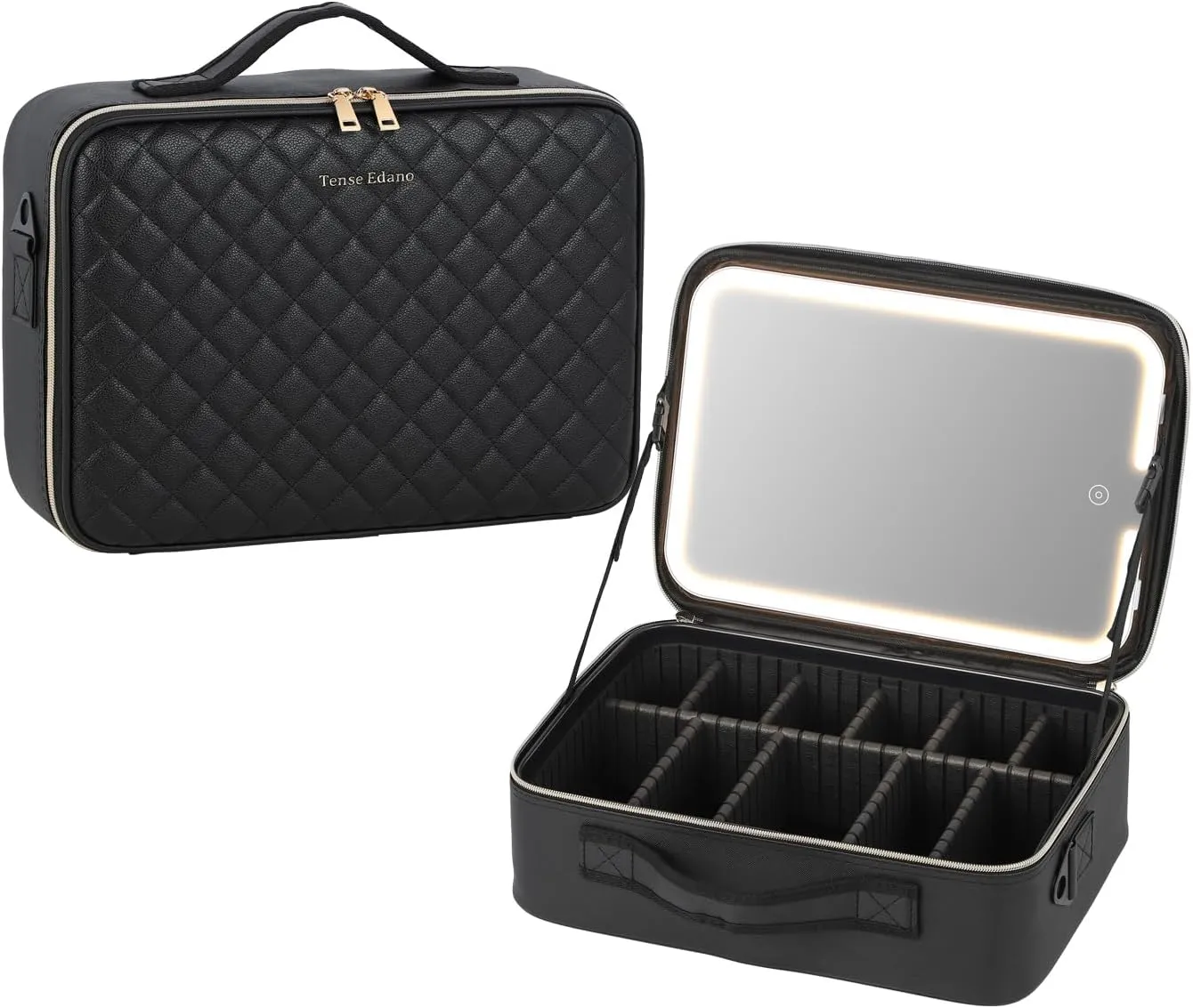 Large Capacity PU Cosmetics Train Case with LED Lighted Mirror Rechargeable 3 Color Lights Portable Makeup Artist Organizer with Adjustable Dividers and Shoulder Strap (Diamond)