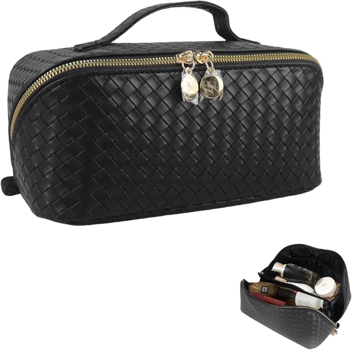 Large Capacity PU Leather Makeup Bag Organizer – Waterproof Travel Cosmetic Bag with Divider, Open Flat Design, Toiletry Bag for Women (Checkered Black)