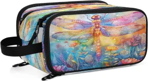 Large Capacity Travel Cosmetic Bag for Women Dragonfly Flower Bushes Travel Portable Cosmetic Pouch With Handle and Divider Flat Lay Bag Organizer Toiletry Bag Makeup Box for Skincare Cosmetics