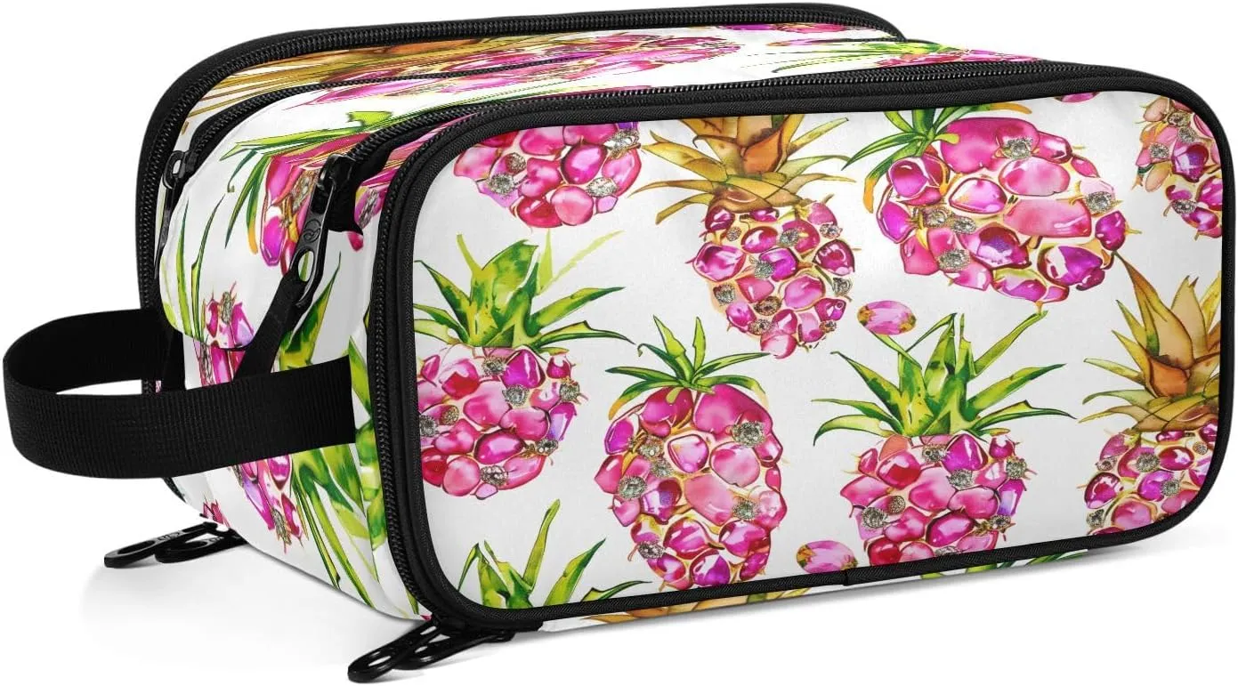 Large Capacity Travel Cosmetic Bag for Women Gems with Pineapples Travel Portable Cosmetic Pouch With Handle and Divider Flat Lay Bag Organizer Toiletry Bag Makeup Box for Skincare Cosmetics