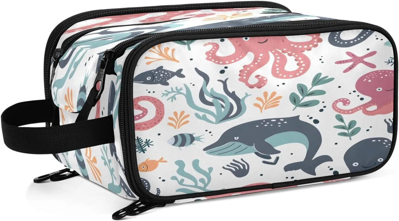 Large Capacity Travel Cosmetic Bag for Women Octopus and Whale Travel Portable Cosmetic Pouch With Handle and Divider Flat Lay Bag Organizer Toiletry Bag Makeup Box for Skincare Cosmetics