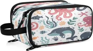 Large Capacity Travel Cosmetic Bag for Women Octopus and Whale Travel Portable Cosmetic Pouch With Handle and Divider Flat Lay Bag Organizer Toiletry Bag Makeup Box for Skincare Cosmetics