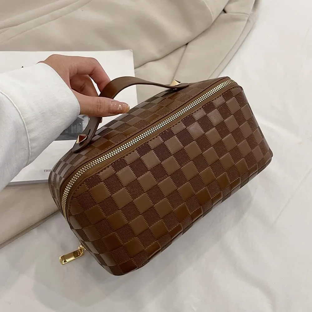 Large Capacity Travel Cosmetic Bags Plaid Checkered Makeup Bag Portable Multifunctional PU Leather Waterproof Skincare Bag with Handle and Divider (Brown)