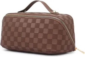 Large Capacity Travel Cosmetic Bags Plaid Checkered Makeup Bag Portable Multifunctional PU Leather Waterproof Skincare Bag with Handle and Divider (Brown)