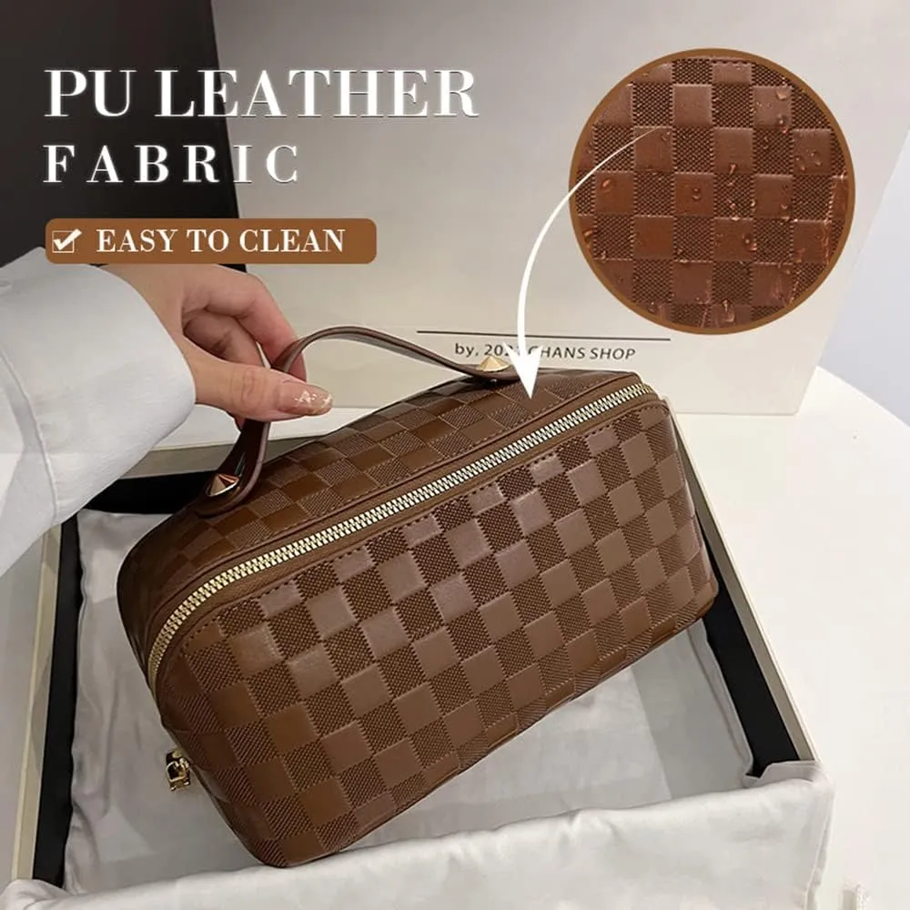 Large Capacity Travel Cosmetic Bags Plaid Checkered Makeup Bag Portable Multifunctional PU Leather Waterproof Skincare Bag with Handle and Divider (Brown)