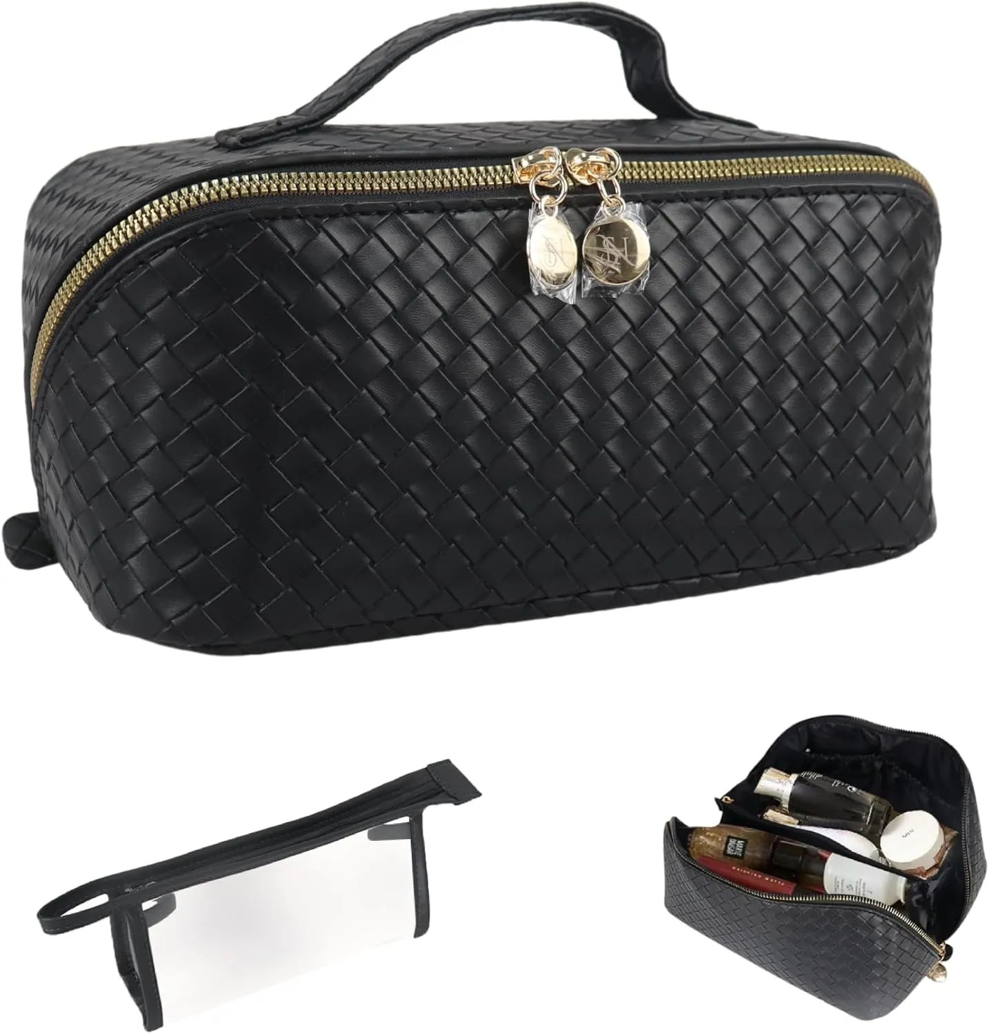 Large Capacity Travel Makeup Bag Organizer Makeup Bag Set – Includes Transparent Pouch & Dust Bag PU Leather Cosmetic Bag Toiletry Bag for Women With Dividers, Handle Portable Design (Checkered Black)