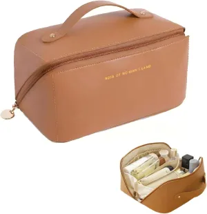 Large Capacity Travel Makeup Bag, Pu Leather Waterproof Portable toiletry bag Wash Bag makeup organizer, With Divider And Handle (brown)