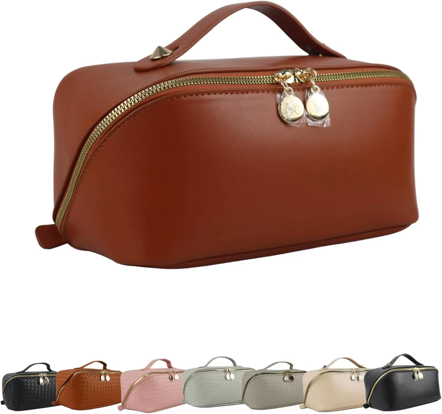 Large Capacity Waterproof Makeup Bag Organizer – Multi-Compartment PU Leather Travel Cosmetic Bag, Stylish Toiletry Organizer for Women, Durable & Portable Design with Divider & Handle (Brown)