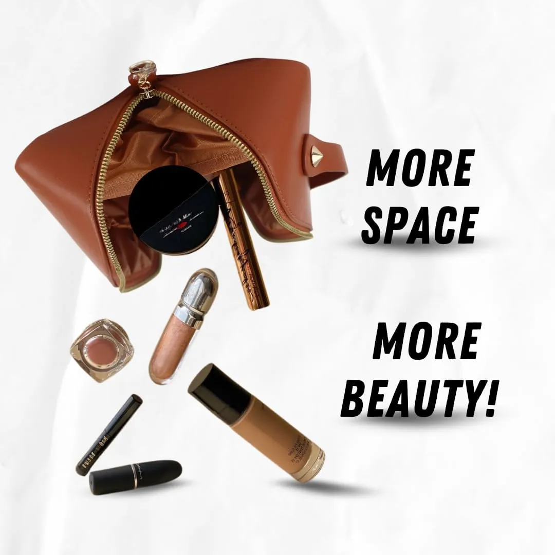 Large Capacity Waterproof Makeup Bag Organizer – Multi-Compartment PU Leather Travel Cosmetic Bag, Stylish Toiletry Organizer for Women, Durable & Portable Design with Divider & Handle (Brown)