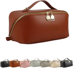 Large Capacity Waterproof Makeup Bag Organizer – Multi-Compartment PU Leather Travel Cosmetic Bag, Stylish Toiletry Organizer for Women, Durable & Portable Design with Divider & Handle (Brown)