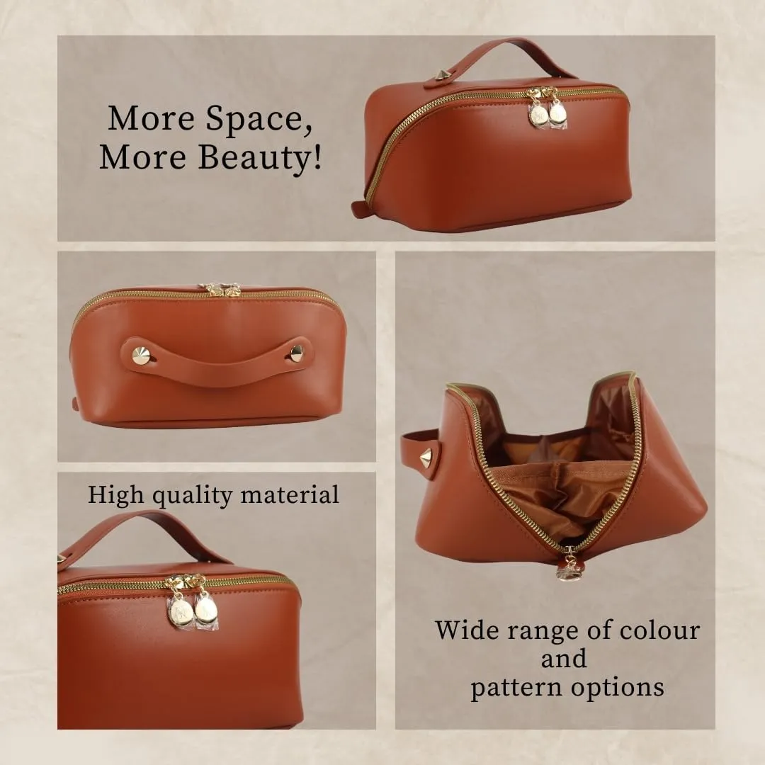 Large Capacity Waterproof Makeup Bag Organizer – Multi-Compartment PU Leather Travel Cosmetic Bag, Stylish Toiletry Organizer for Women, Durable & Portable Design with Divider & Handle (Brown)