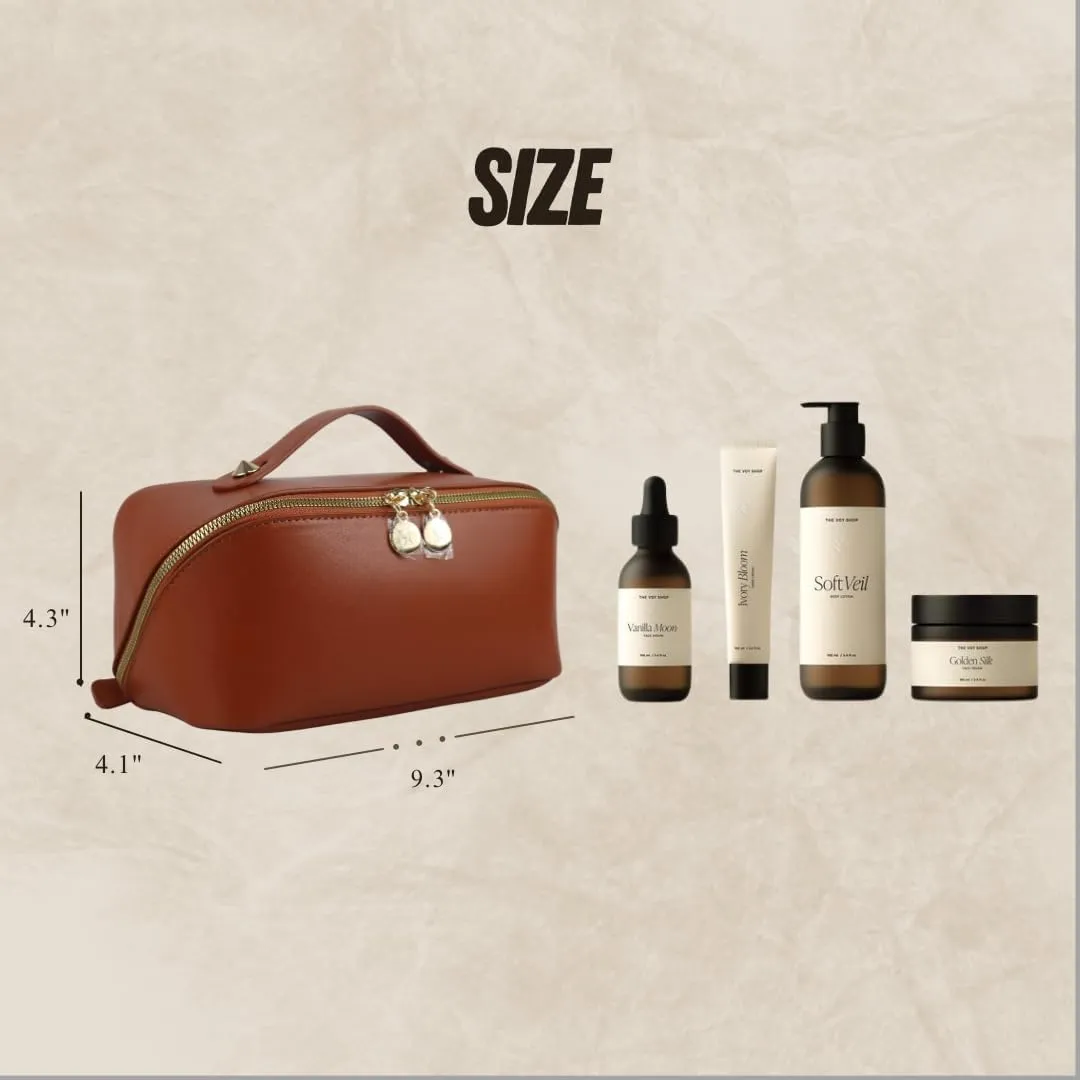 Large Capacity Waterproof Makeup Bag Organizer – Multi-Compartment PU Leather Travel Cosmetic Bag, Stylish Toiletry Organizer for Women, Durable & Portable Design with Divider & Handle (Brown)