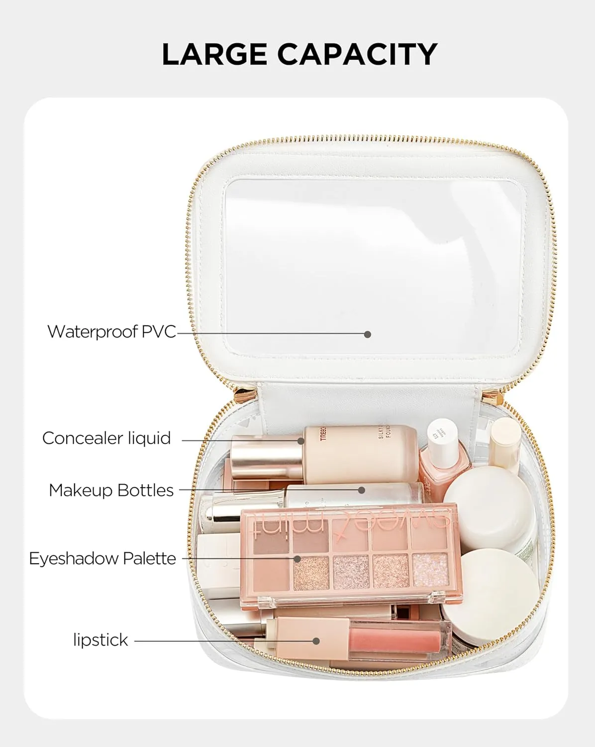 Large Clear Makeup Bag for Women, Portable Travel Makeup Bag Organizer Waterproof Toiletry Bag Cute Makeup Bags Cosmetic Bag Makeup Pouch, White