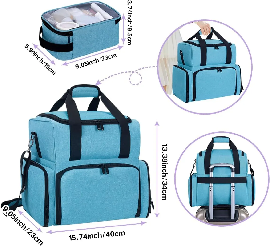Large Cosmetic Bag with 4 Removable Case Double Layer Travel Organizer Makeup Bag with Inner Dividers and Makeup Brushes Storage Section Lake Green