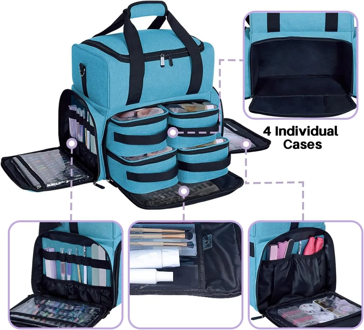 Large Cosmetic Bag with 4 Removable Case Double Layer Travel Organizer Makeup Bag with Inner Dividers and Makeup Brushes Storage Section Lake Green