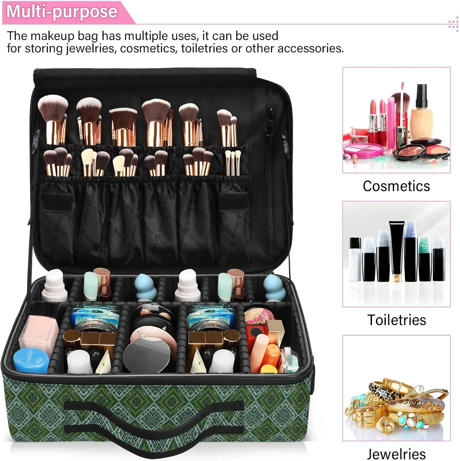 Large Hard Shell Travel Bag Makeup Organizer with Handle Dividers