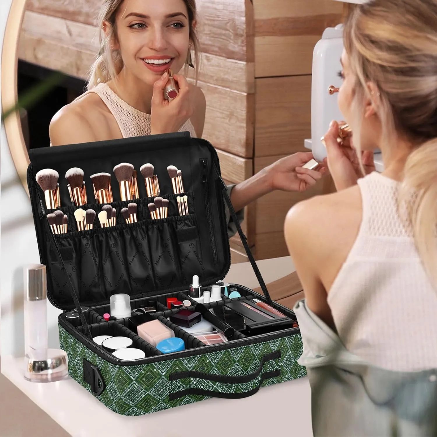 Large Hard Shell Travel Bag Makeup Organizer with Handle Dividers